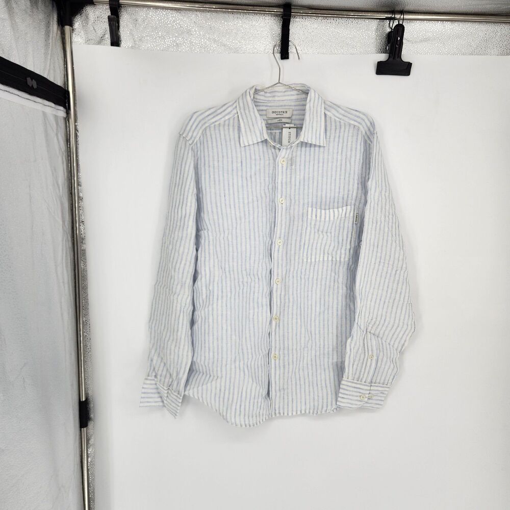 Industrie Australia Men's L White Blue Striped Baptiste Shirt‎ 100% Linen NWOT